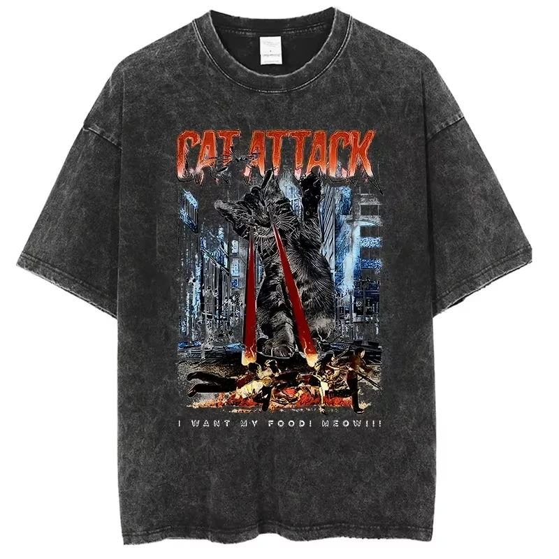 الرجال الملابس الوحش القط مواء الغريبة خمر غسلها قصيرة الأكمام تي شيرت النمط الأمريكي القطن فضفاضة تناسب للجنسين تي شيرت الموضة