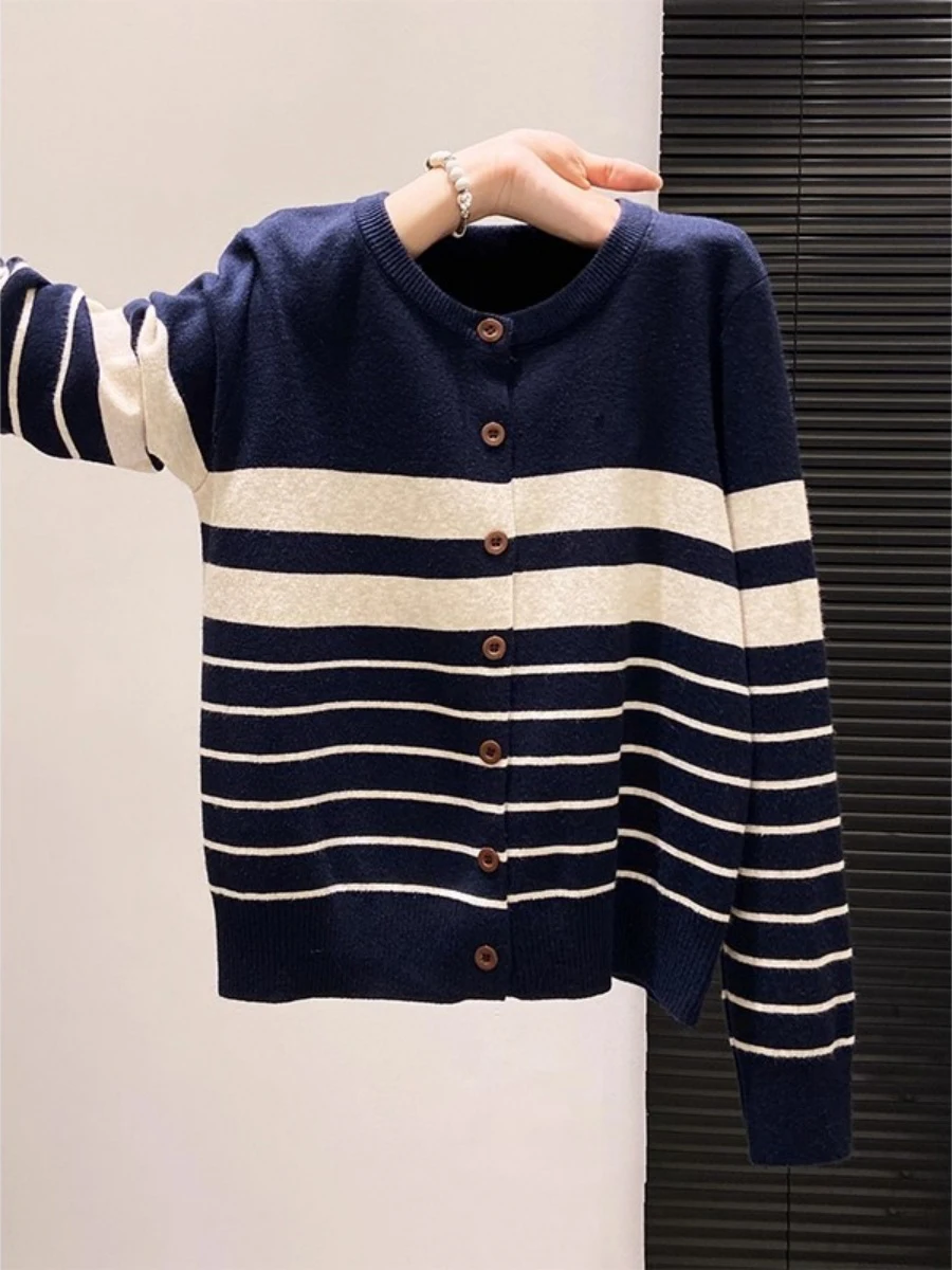 

Women's Striped Color Blo Knitted Cardigan Long Sve round Ne Open Front Sweater Casual Sle Autumn Faion Design