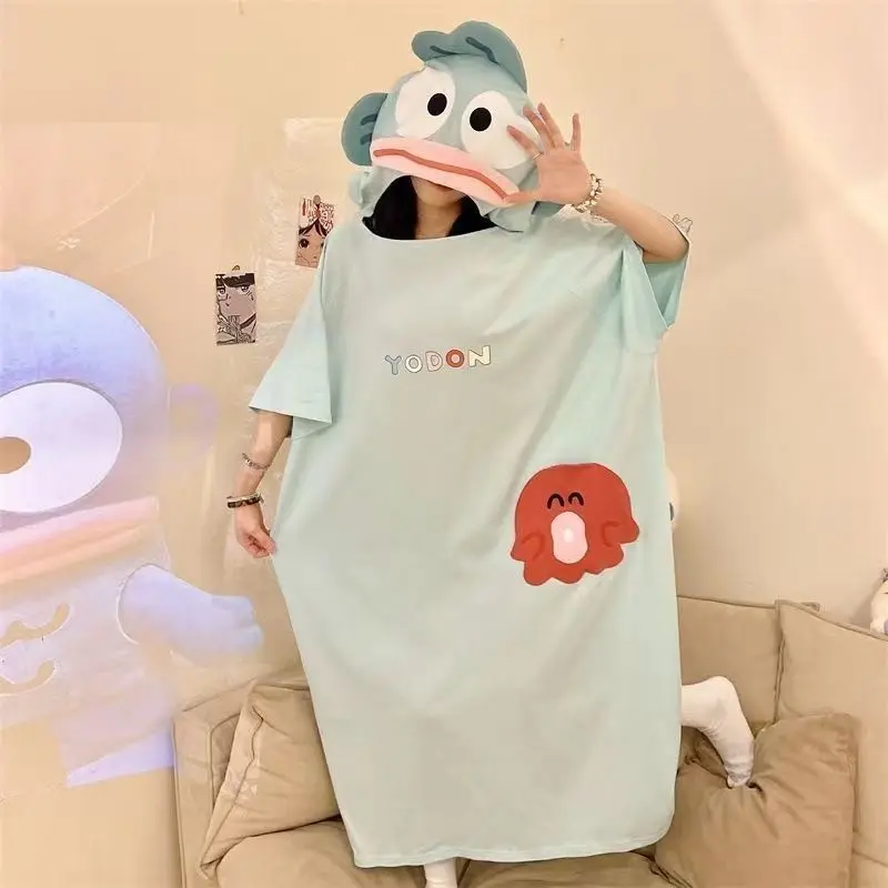 Kawaii Anime Hangyodon Kuromi Women\'s Summer Short Sleeved Pajamas Cartoon Cute Pure Cotton Hooded Home Clothing Birthday Gift