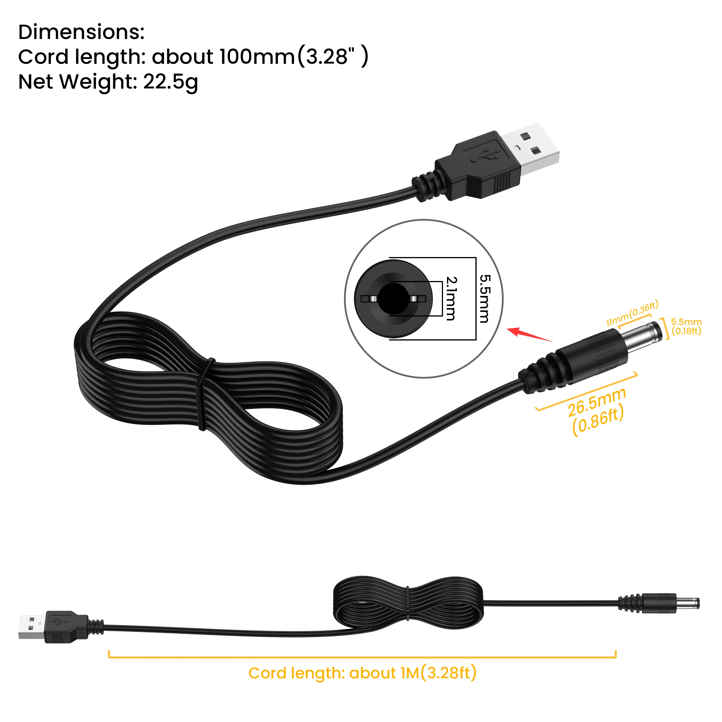 Universal Power Cable USB to DC 5.5 * 2.1mm Jack 5V Charging Cord with 8/5 Selectable Connector Tips for CCTV Cameras TV Box