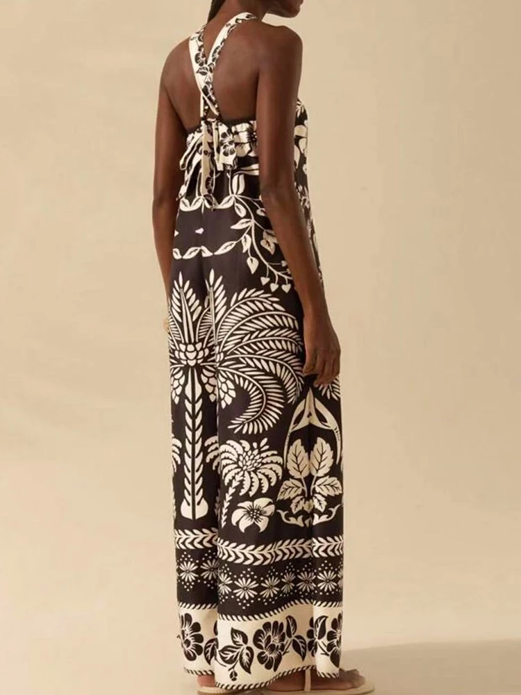 Women Summer Wide Leg Pants Playsuits, Holiday Sleeveless Halter Fashion Jumpsuits, 2025 Print Patchwork Loose Ladies Bodysuits