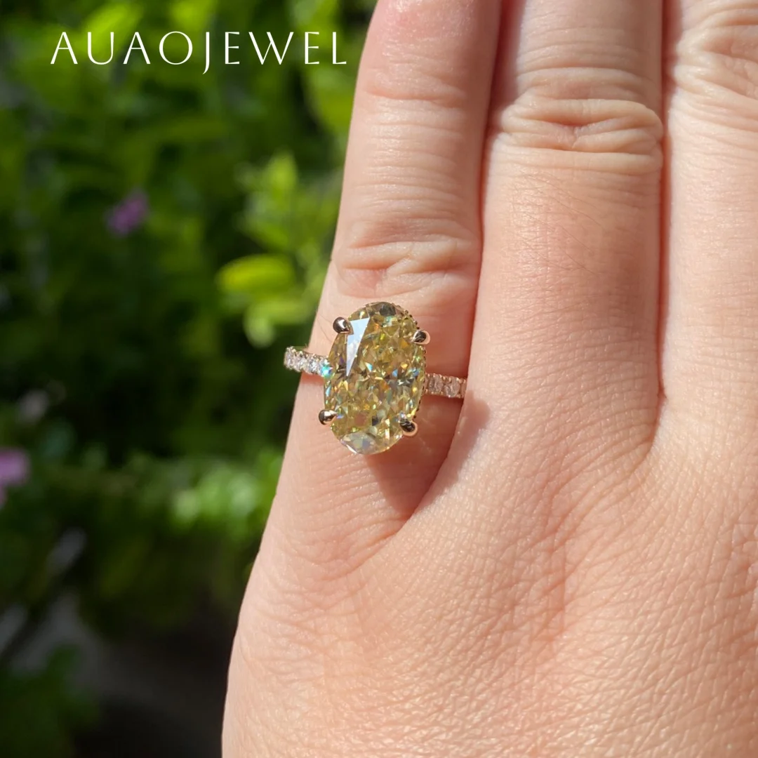 

AUAOJEWEL Oval Moissanite Diamond Ring With Certificate 4.5Carat 13X8.5Mm Yellow Stones 18K Gold 9K 14K 925 Silver Jewelry