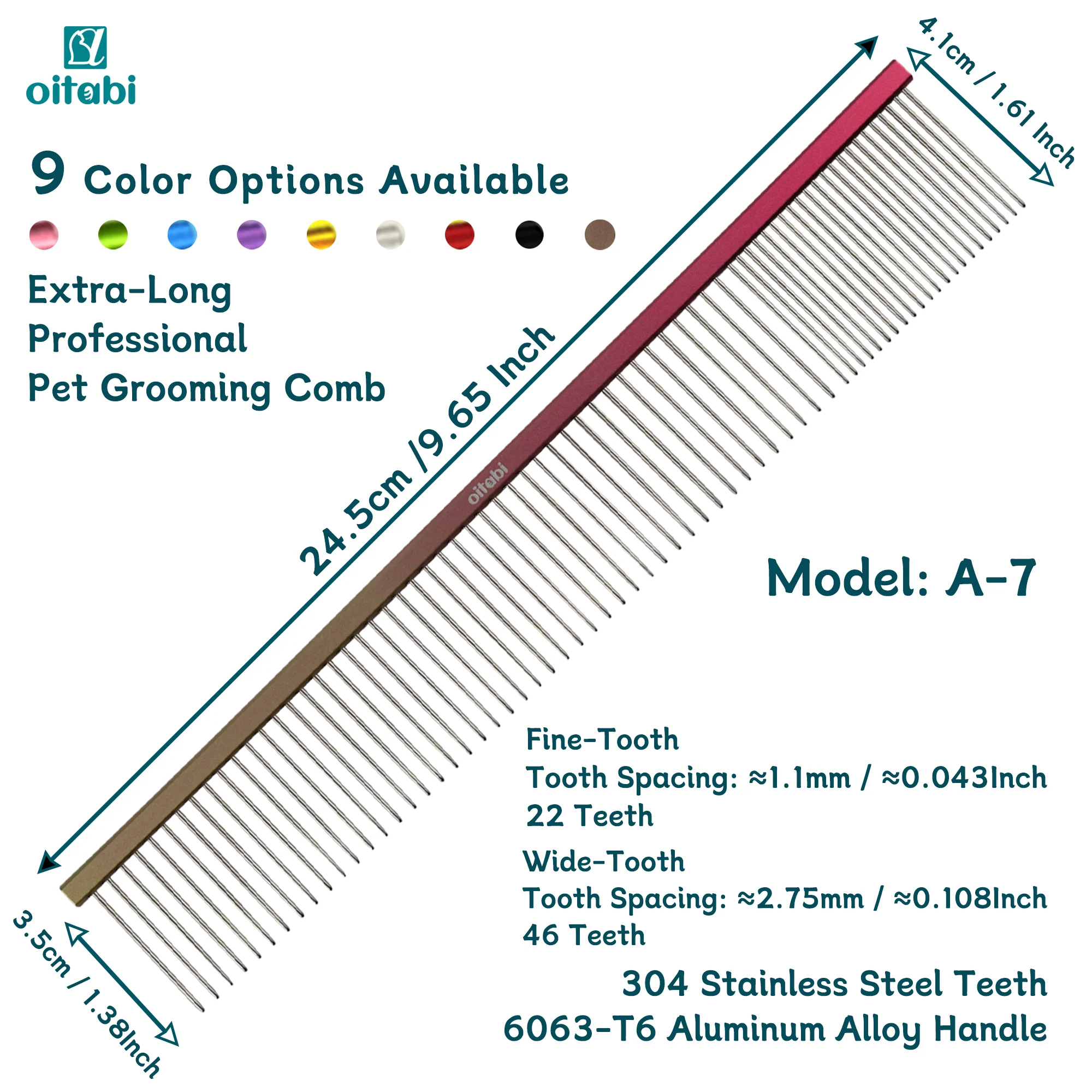 OITABI Extra-Long Professional Pet Grooming Comb Sparse & Dense Row Comb for Dog Cat Comb Removes Hair of Mats Knots and Tangles