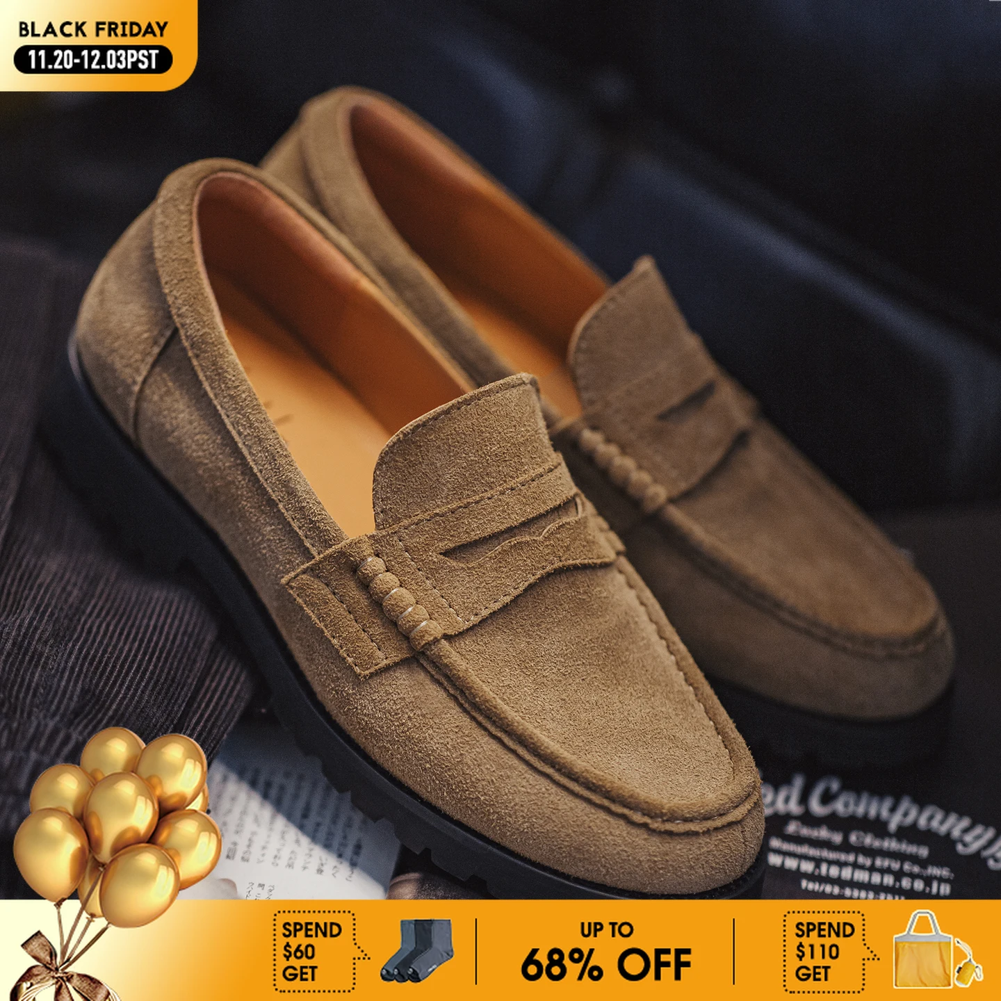 

Maden Men's Vintage Suede Cowhide Leather Penny Loafers Old Money Style Slip-On Shoes Brown Dress Casual Low Top Boots for Fall