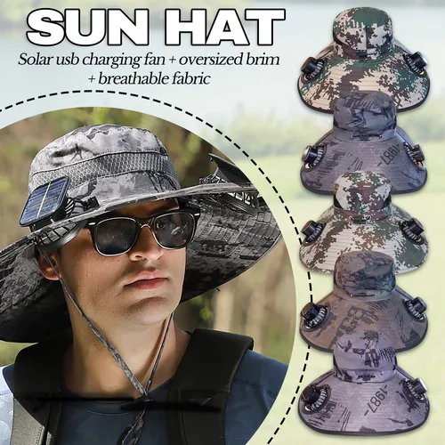 Imagen 1 del producto Sombrero para el sol de ala ancha para exteriores con 2 ventiladores solares, sombrero de pescador para hombres y mujeres, sombrero de playa de pesca con ventilador incorporado