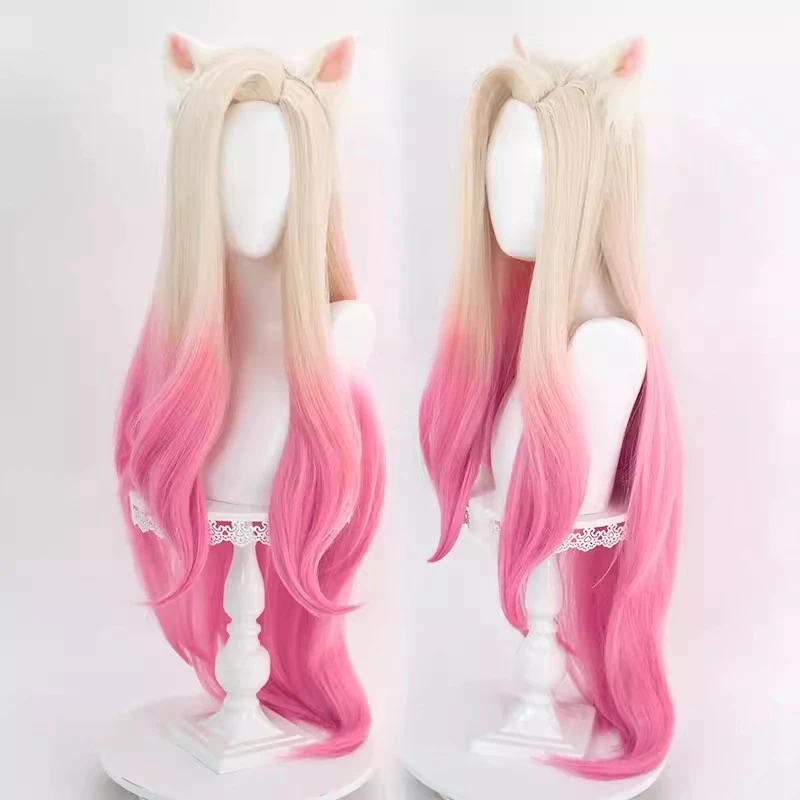 

LOL KDA Baddest Ahri Cosplay Wig with Ears Heat Resistant Synthetic Hair Blonde Mixed Pink Wigs + Wig Cap