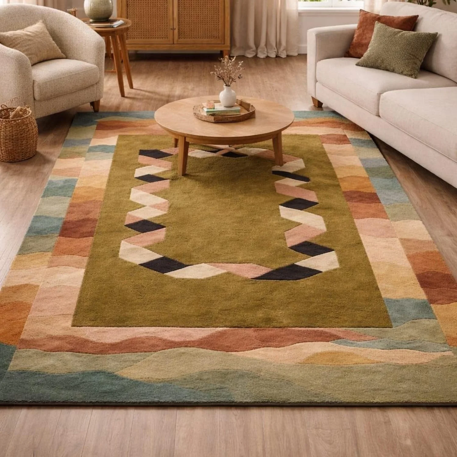 Room Decor Rug Olive Green Multi-Tone Mountain Landscape Geometric Border Area Rug, Soft Floor carpet, rugs for livingroom, rug for bedroom, Rectangle Floor Mat, Perfect for Wabi Sabi Cottage, Nature