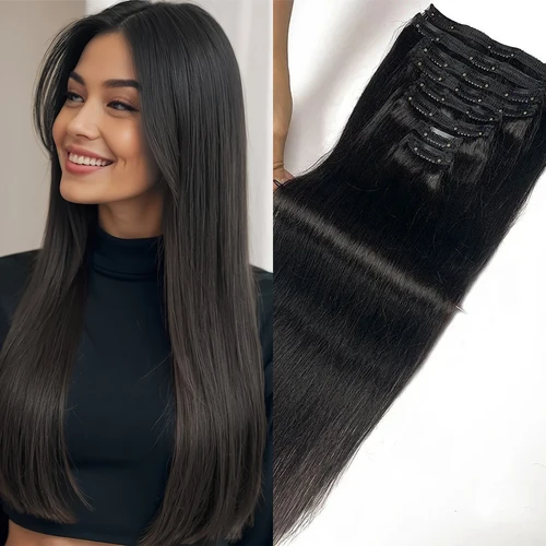 Extensiones de cabello con Clip recto, invisibles, sin costuras, brasileñas, virgen, Remy, extensiones de cabello humano, negro Natural para mujeres