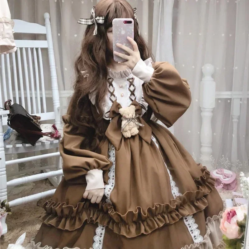 New Cute Long sleeved Bear Bow Details Lolita Long sleeved Dress Lolita Full Set New Loose Lolita Dress OP Long sleeved Women