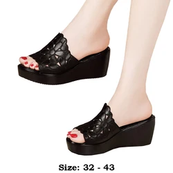 High quality summer leather wedge sandals for women 6cm mid heel new 2024 size 32 33 42 43 platform open toe elegant shoe black