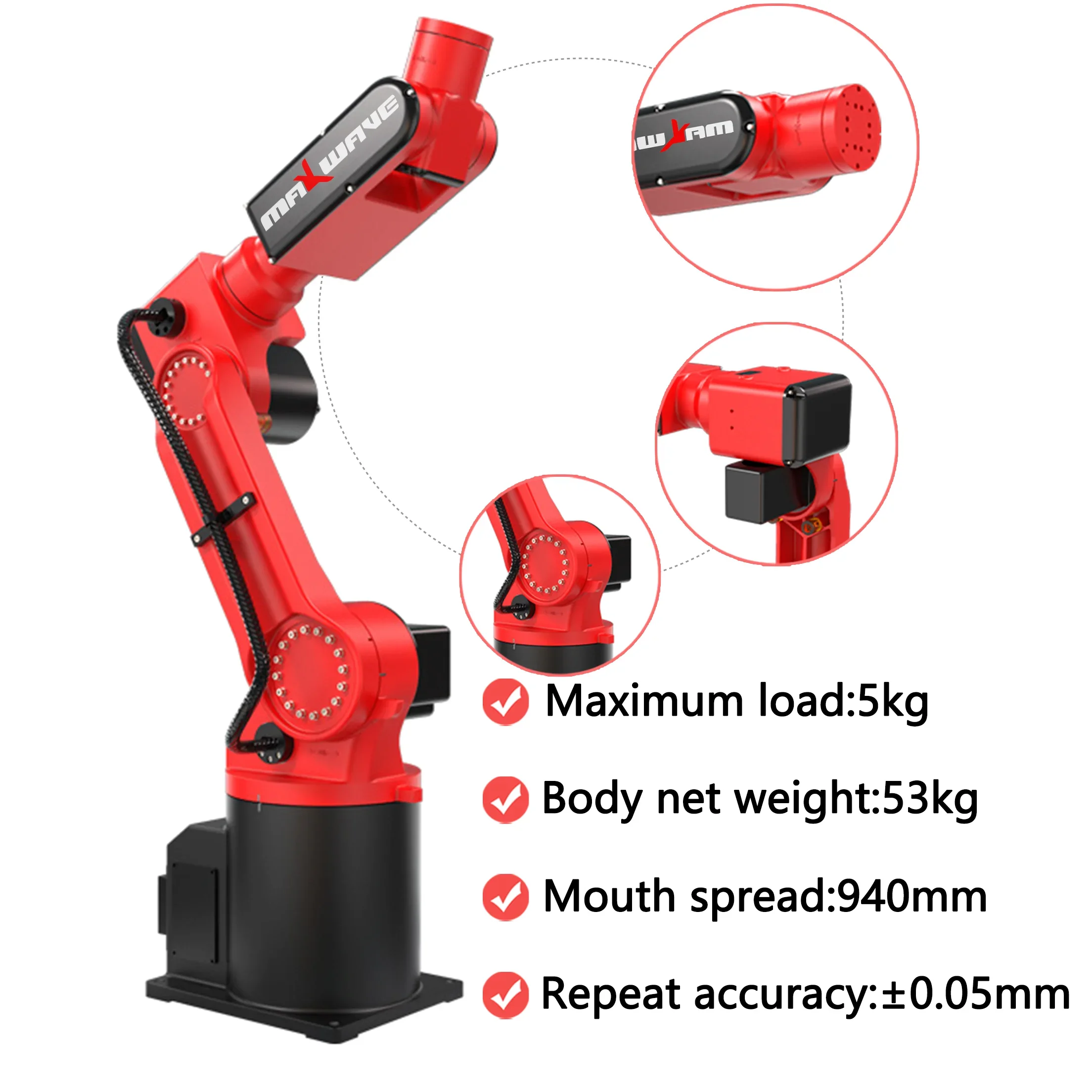 หุ่นยนต์อุตสาหกรรม Maxwave Six Axis สําหรับการเชื่อมอย่างต่อเนื่อง การจัดการวัสดุ ใช้งานง่าย
