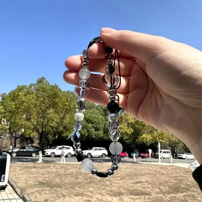 Heart Flower Bead Phone Charm Strap Korean Bracelet Pendant for Bag Camera Accessories Hanging Rope Girl Jewelry
