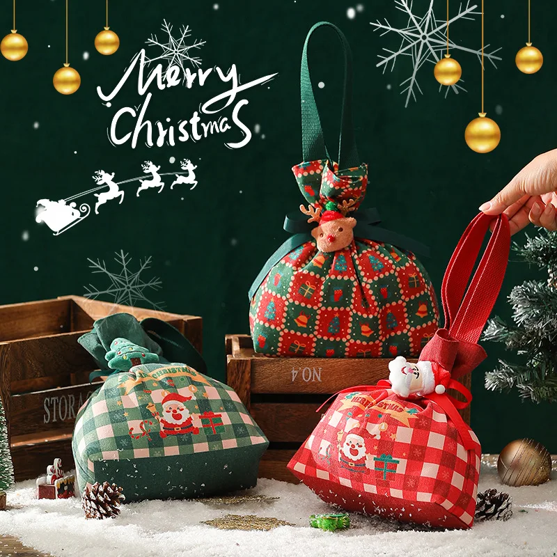 Apple Gift Box Christmas Gift Bag Handheld Canvas Apple Bag Christmas Eve Apple Gift Box Drawstring Bag with Plush Doll