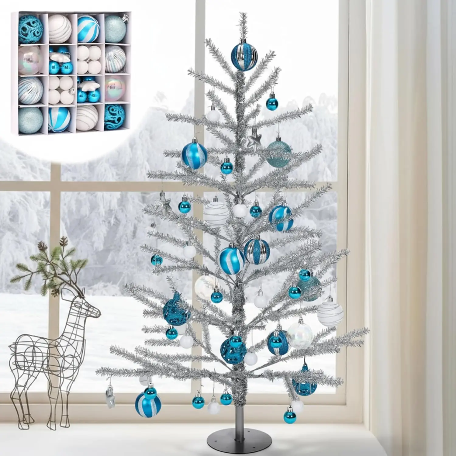 

36 Inch Silver Tinsel Christmas Tree with 42 Vintage Balls, Mid-Century Modern Aluminum Xmas Decor