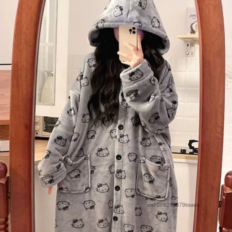 Hello Kitty Women Autumn Winter Hooded Nightgown Flannel Thick Warm Loose Cartoon Pajamas Japanese Style Cute Printed Nightrobe