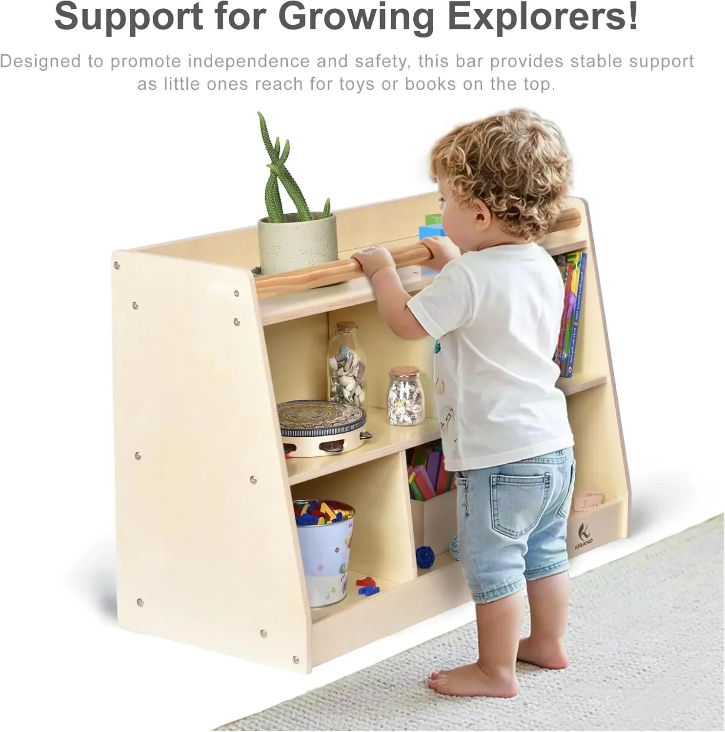 Montessori Toddler Shelf, Baby Storage Organizer with Top Safety Pull Up Bar, 2-Tier Kids Cabinet for Playroom, Nursery, Prescho