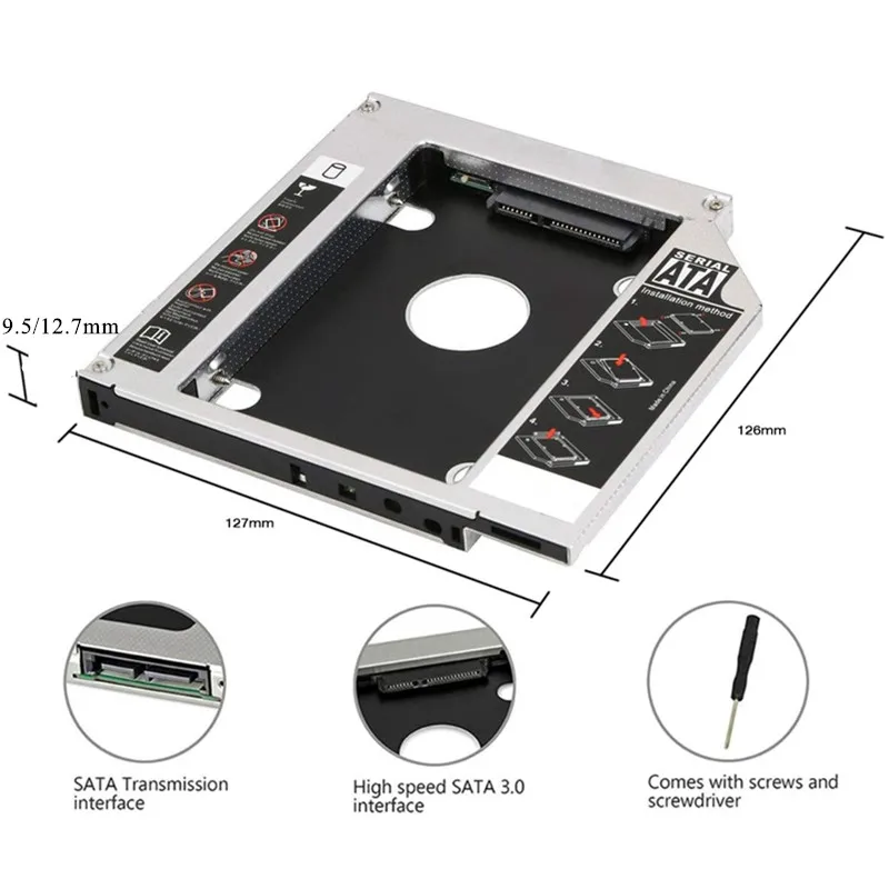 9.5mm SATA Aluminum Second HDD Caddy Tray 2.5 Inch SSD HDD Hard Disk Adapter Replacement for Laptop Notebook Optical Drive Bay