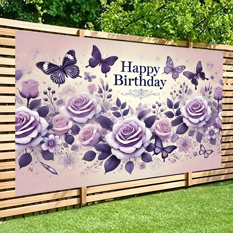 1pc Purple Floral Birthday Tapestry Roses Butterflies Elegant Design Celebration Banner Garden Party Backdrop