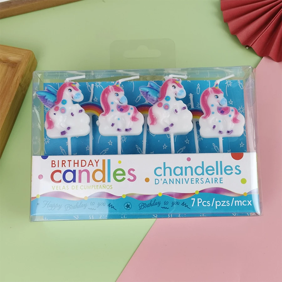 7-teiliges Set Niedliche Regenbogen-Einhorn-Kerzen, Kuchendekoration, Cartoon-Tierkerzen für Kindergeburtstage, Backdekoration – Detail 3