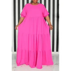 Vestido solto longo com gola redonda, plus size, primavera, verão, quente, rosa, manga curta