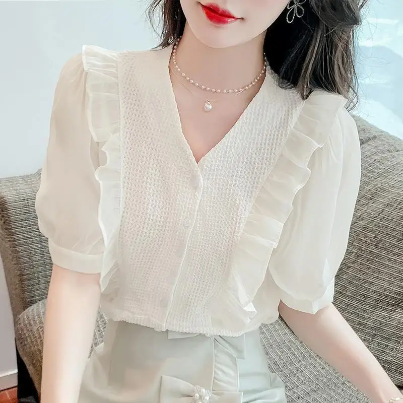 Temperament Korean Summer Solid V-neck Women's Ruffles Puff Sleeve Single Breasted Fashion Short Sleeve Loose Chiffon Shirt Tops