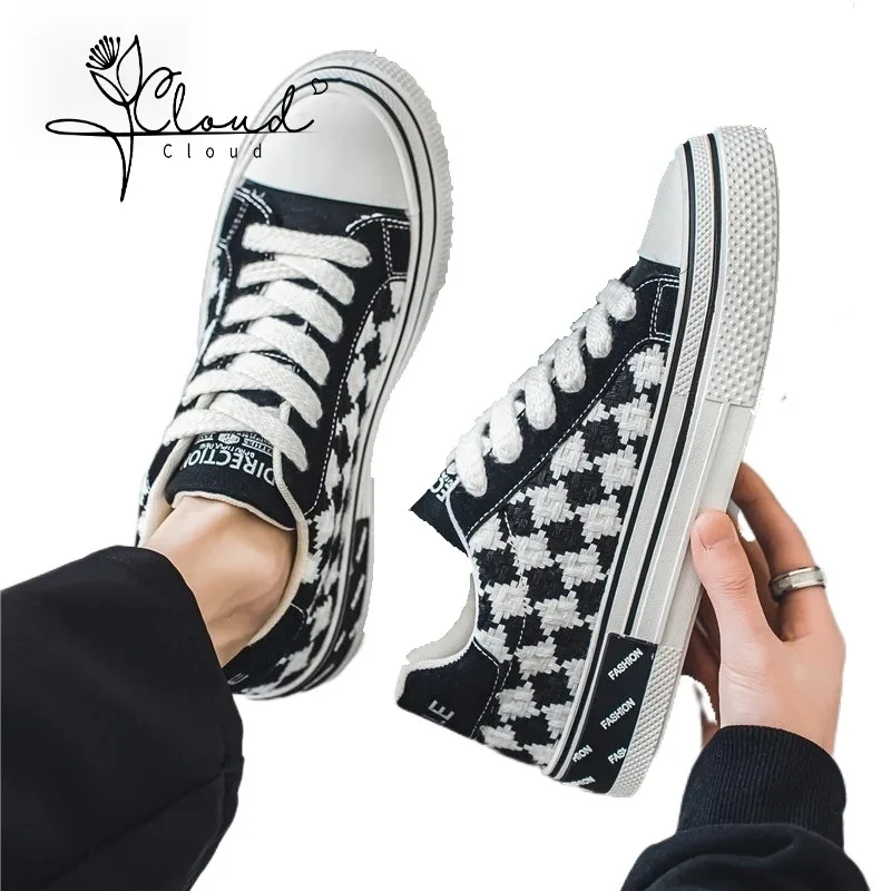 2024 New Trend Men's Canvas Shoes Checkerboard Black White Grid Sports All Casual Men Sneakers Vulcanize Teenagers Breathable