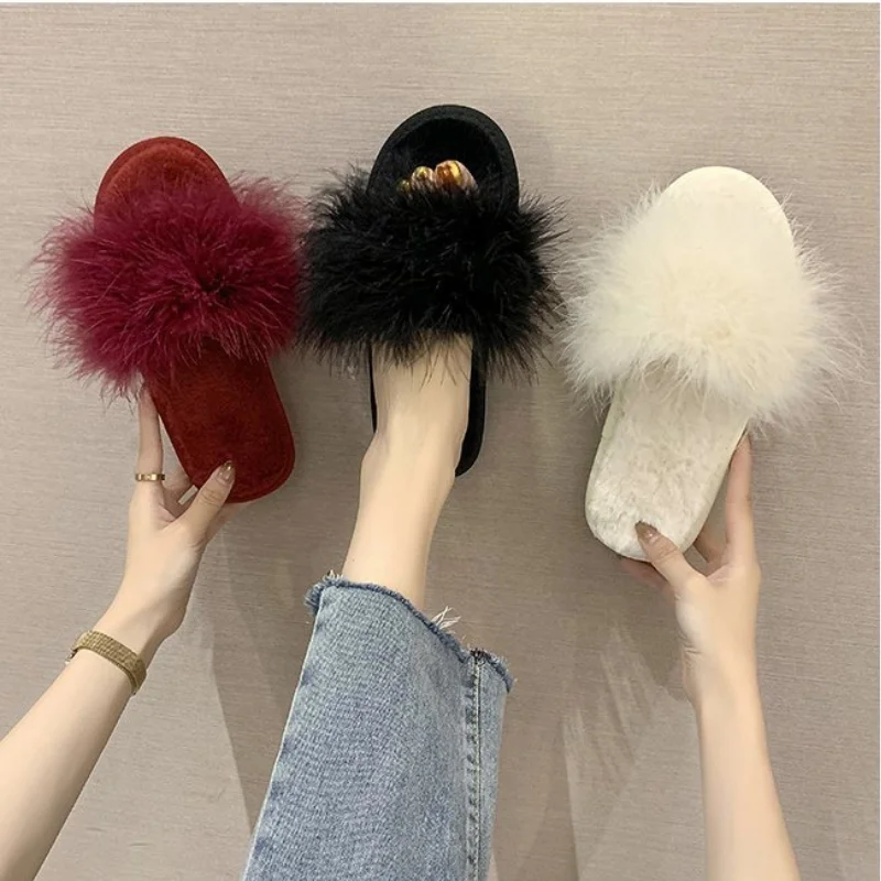 Leisure Plush Slipper for Woman Women\'s Autumn Winter Ostrich Feather Slippers Footwear Lightweight Flats Non-slip Home Slippers