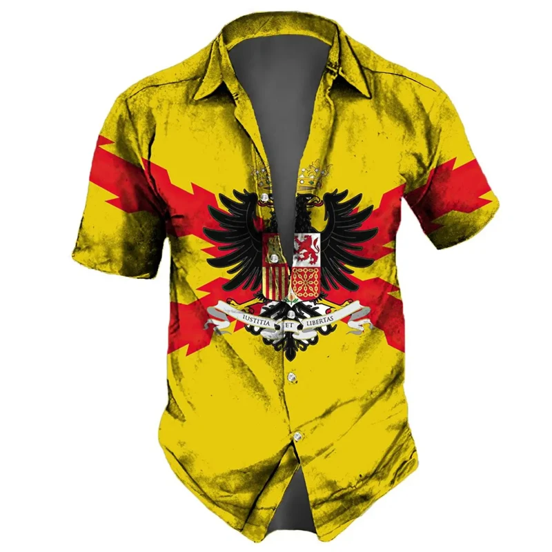 Camisas estampadas con emblema nacional de España para hombre, ropa deportiva con bandera española, Blusa de manga corta con solapa, Tops de verano