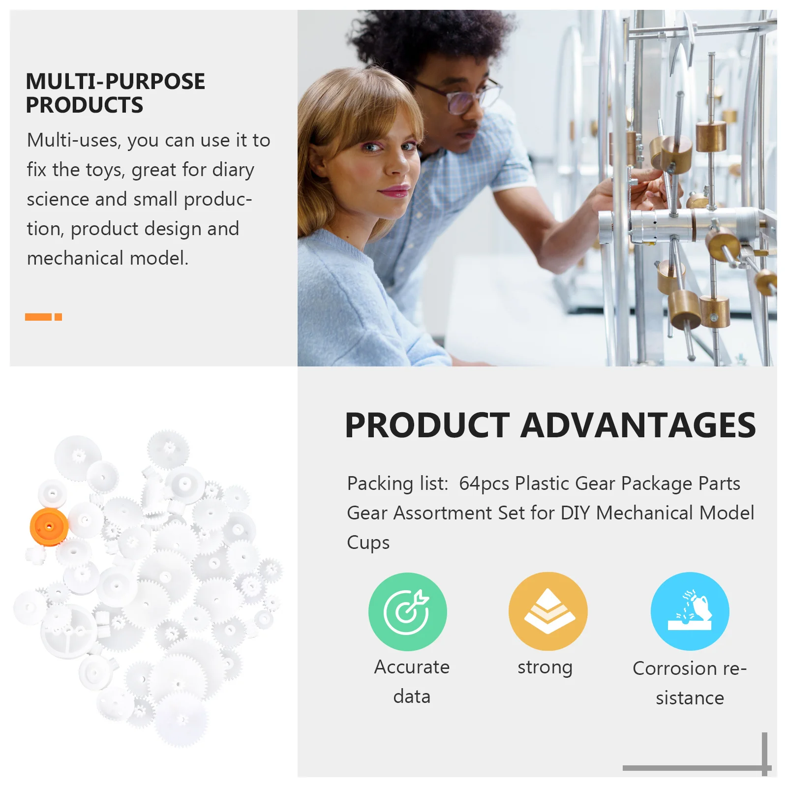 64 قطعة مجموعة تروس بلاستيكية تشكيلة أجزاء متينة عالية الجودة لتصميم الإنتاج الصغير للعلوم الميكانيكية ذاتية الصنع