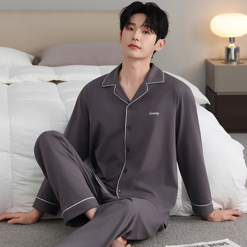 

L-5XL Мягкая модальная пижама для мужчин, 2 предмета, одежда для сна, серая осенняя постельная рубашка, домашняя одежда, мужские пижамы-кардиган на пуговицах