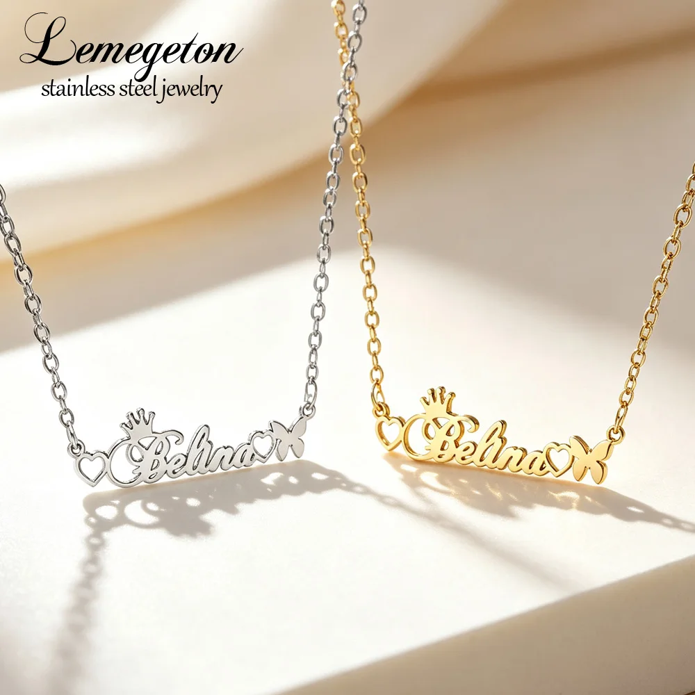 Personalized Crown Name Necklace Love Heart Butterfly Pendant Women Stainless Steel Jewelry Customized Birthday 2026 Trend Gifts