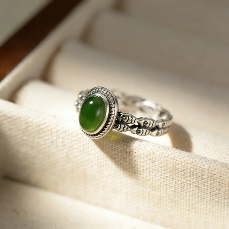 Women's 925 Sterling Silver Geometric Green Stone Ring, Handmade