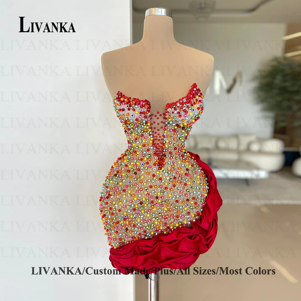 LIVANKA Sparkly Short Rhinestones Homecoming Dress Deep V-neck Ruffles Satin Celebrity Gowns Vestidos De Fiesta Customized