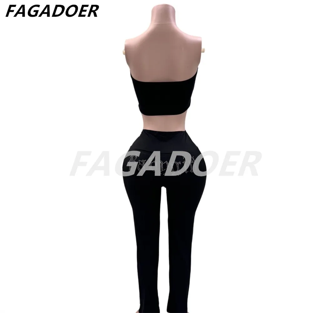 FAGADOER Rhinestone Letter Tube 2 Piece Set for Women Y2K Black Streetwear Fashion Tube Backless Crop Tops And Skiny Pants Suits