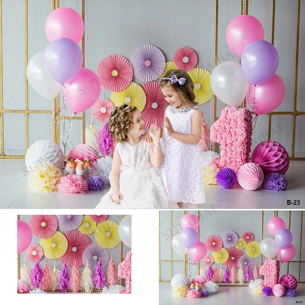 

Birthday Photography Backdrops 1st Baby Shower Purple and Pink Balloon Ear Hanging Background Newborn Fiower Studio Photocalls