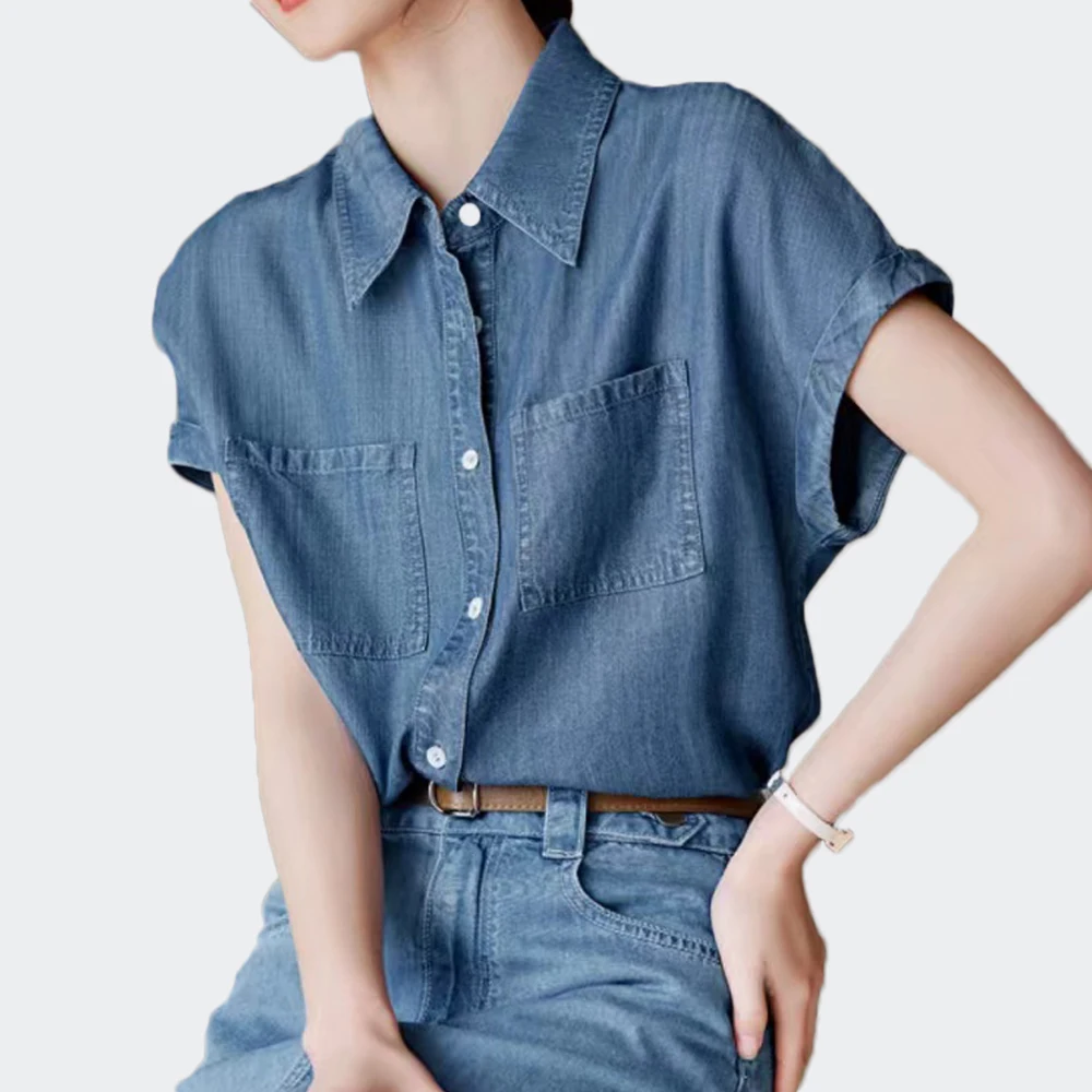 2024 Summer Vintage Denim Shirts For Women Solid Casual Loose Women\'s Short Sleeve Shirts And Blouses Fashion Female Tops