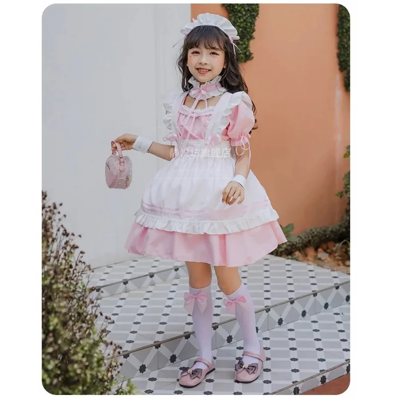 2025 NewNew Kids Lovely Maid Cosplay Costumes Girls Anime Lolita Princess Dress Short Sleeve Ruffle With Headwear Neckwear Su AA