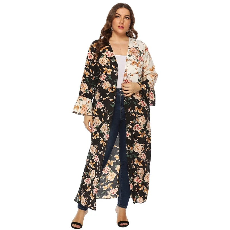 Women Long Sleeve Kimono Cardigan Contrast Color Floral Print Beach Cover Up Top