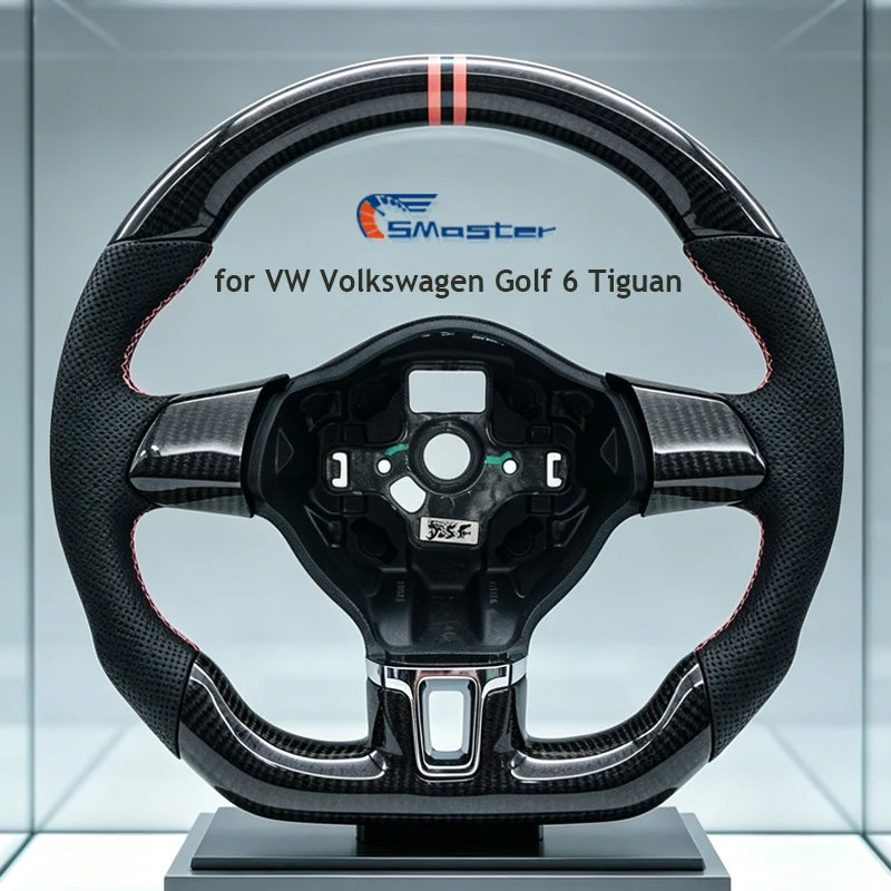 

Steering Wheel for VW Volkswagen Golf 6 MK6 CC Tiguan Pink Stripe Flat Bottom Carbon Fiber Pink Stitching Without Paddle Shifter