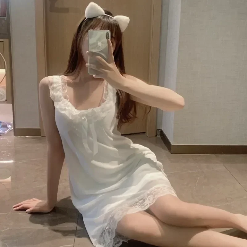 2024 New Summer Nightgowns Sleeveless Women with Padded Lace Sweet Sexy Sleepwear Nightdress O-neck Home Lounge Wear Loose