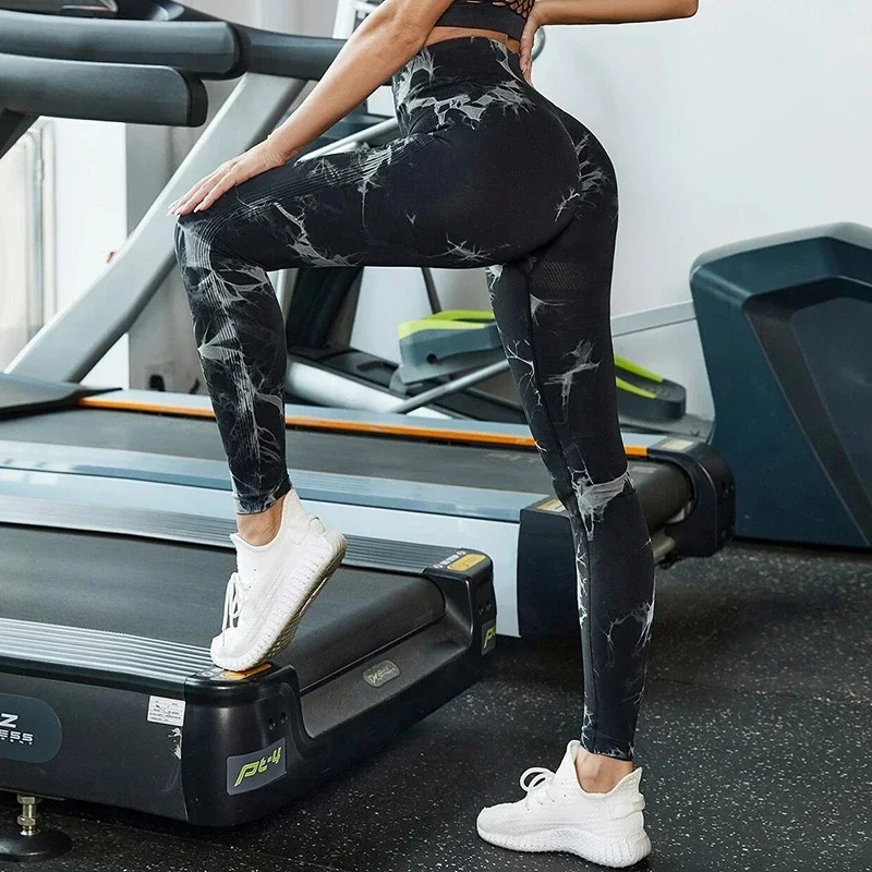 Marbling Tie-Dye Yoga pantaloni Leggings sportivi donna esercizio corsa Fitness vita alta Leggings da palestra senza cuciture collant da allenamento per donna