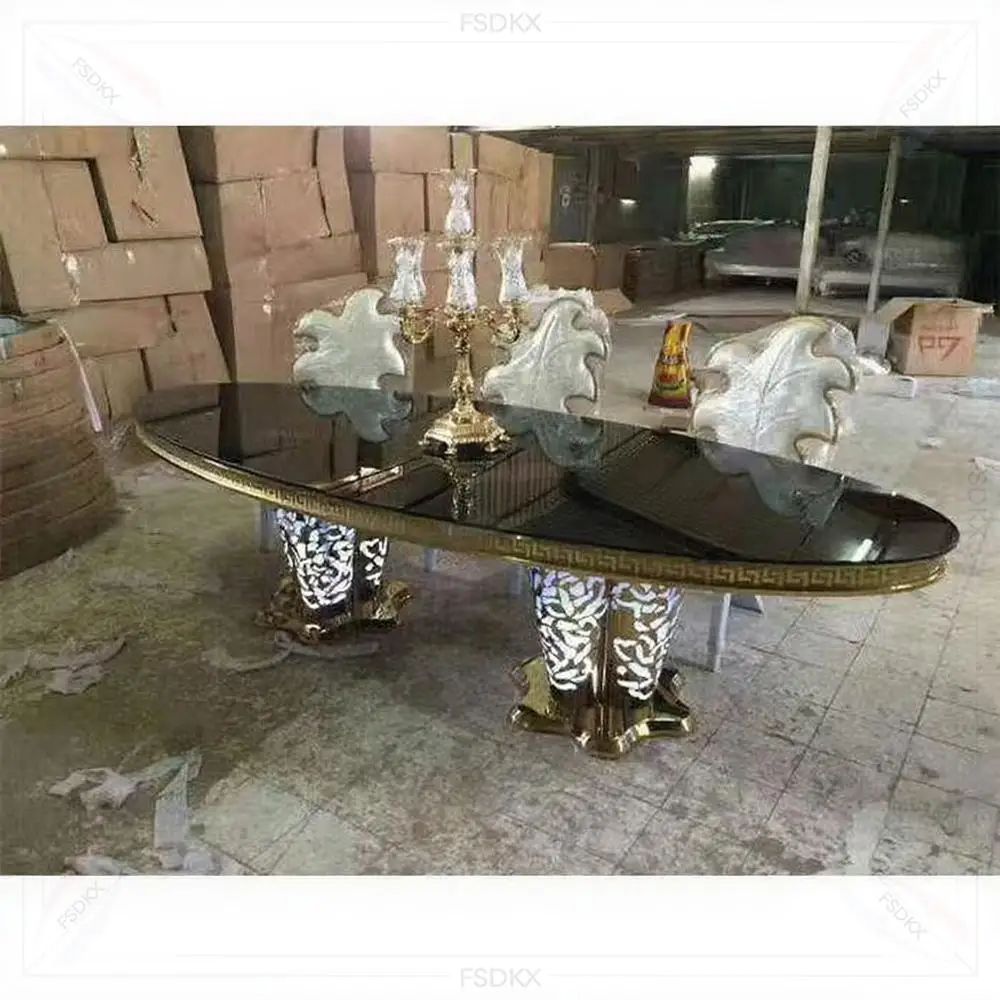 

Elegant Design Wedding Event Banquet Gold Stainless Steel Glass Top Party Rectangular Dinning Dining Dinner Table