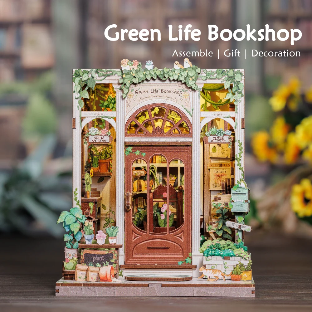 CUTEBEE Booknook DIY Dollhouse Miniature Room Kit Bookstore Model Bookshelf Insert Wooden 3D Puzzle for Green Life Bookshop