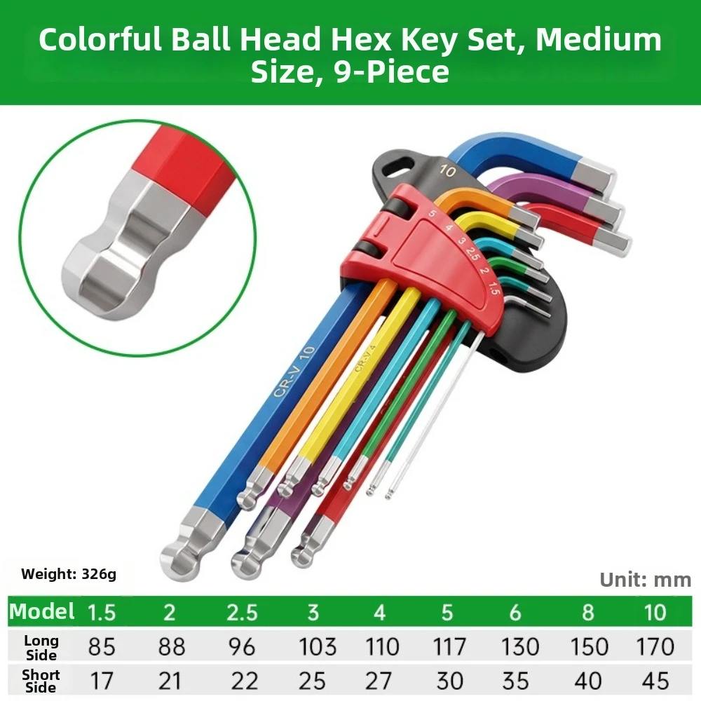 S2 Alloy Steel Allen Wrench Set Precision 9 Pieces L Wrench Kit Quick Snap Adapter 1.5mm To 10mm Ball End Hex Key For Machinery