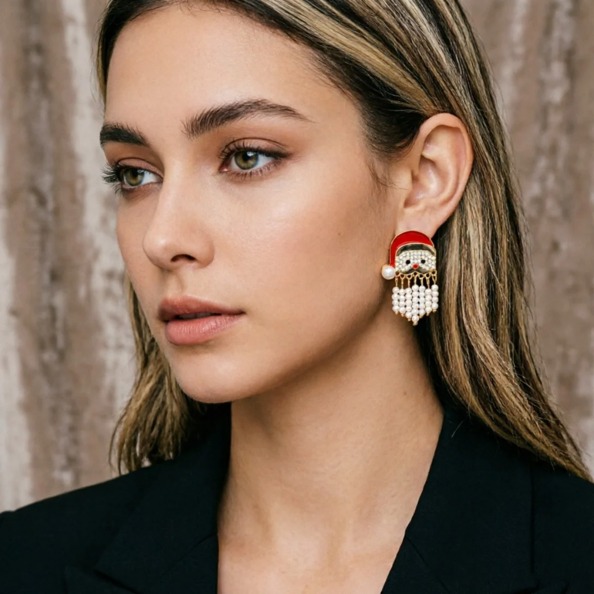 Kreative, niedliche Weihnachtsmann-Ohrstecker mit simuliertem Perlenquastenbart für Frauen, Strass-Weihnachtsmann-Ohrringe, Weihnachtsparty-Schmuck – Detail 17