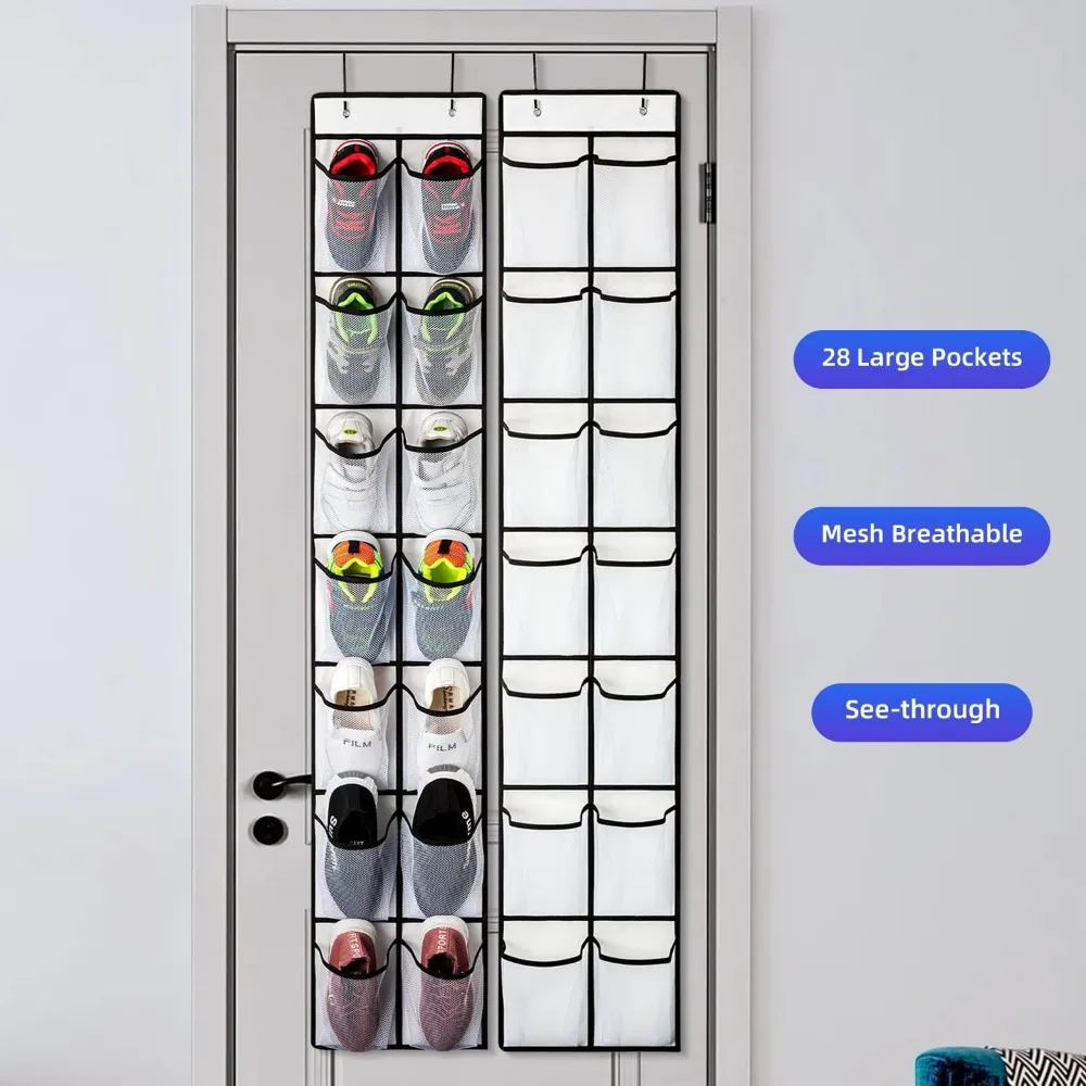 14 Pocket Over Door Shoe Organizer with 4 Hooks - Breathable Mesh Storage for Closet, Pantry, or Bathroom (2 Pack) view 4