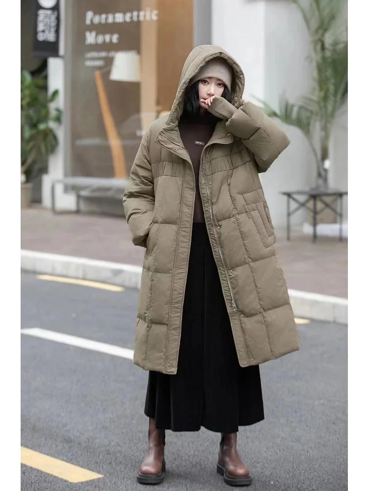 Hooded Long Down Jacket for Women, 90 White Duck Down, Thickened Warm Overcoat, Casual Loose Clothing, Large Size, Fall Winter