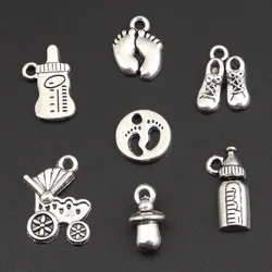 14pcs Mix Silver Color Baby Cup Milk Bottle Charms Footprint Baby Cart Pendant Finding DIY Handmade Jewelry Accessorie M176