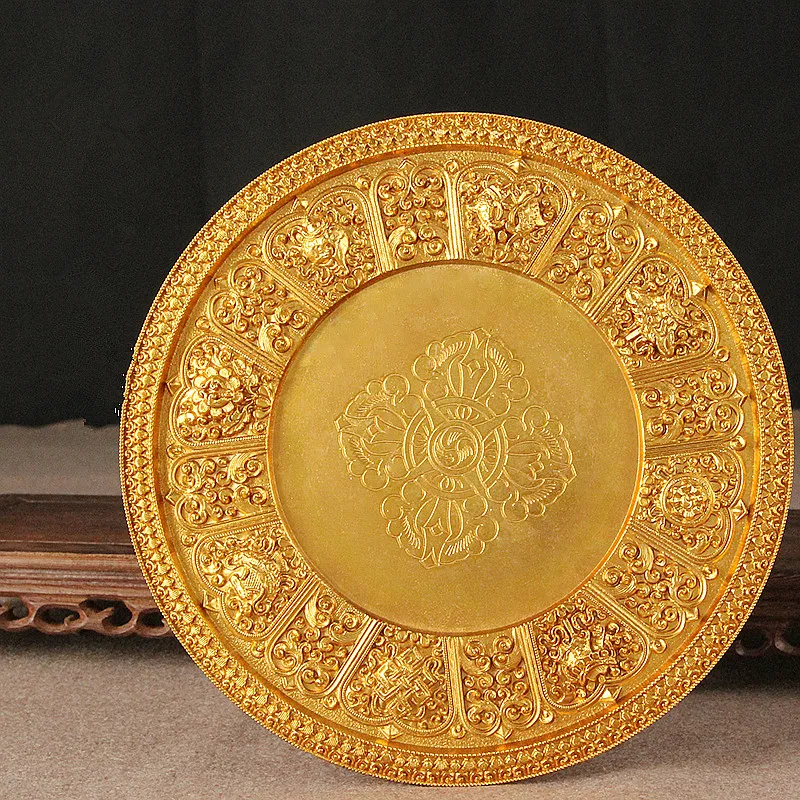 

27.3cm Pure Copper Gold Color Exquisite Carving Vajra Lotus Base Tibetan Buddhist Fengshui Fruit Dishes/Tray