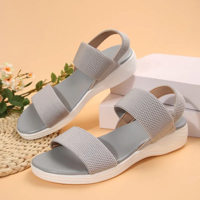 Damesschoenen Nieuwe elastische band damessandalen Zomer open teen Ademend mesh Effen plat Casual strand Grote maat sandalen